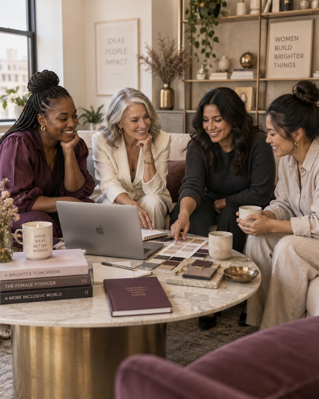 A diverse group of women business owners collaborating in a modern lounge